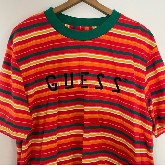 [Guess] Vintage Colorful Striped Short Sleeve Crewneck T-shirt - Picture 2 of 6